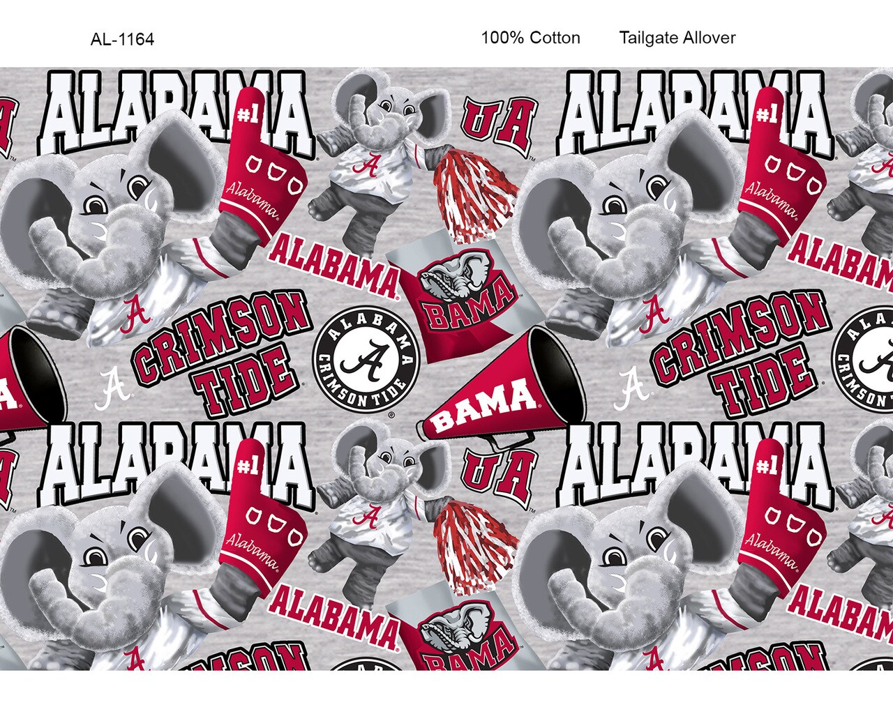 Sykel Enterprises-University of Alabama Cotton Fabric-Alabama Crimson Tide Mascot Heather Cotton Quilting Fabric